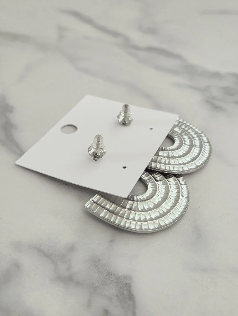 Stainless Steel Silver Textured Fan Dangle Earrings - Picture 5 of 14